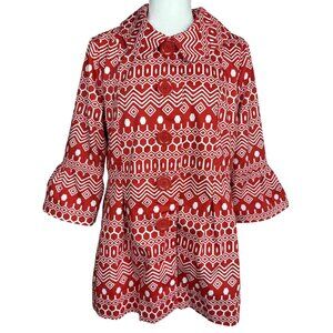 Eden Court Womens Red White Retro Coat XL Bell Sleeve A Line Peplum Mod Twee
